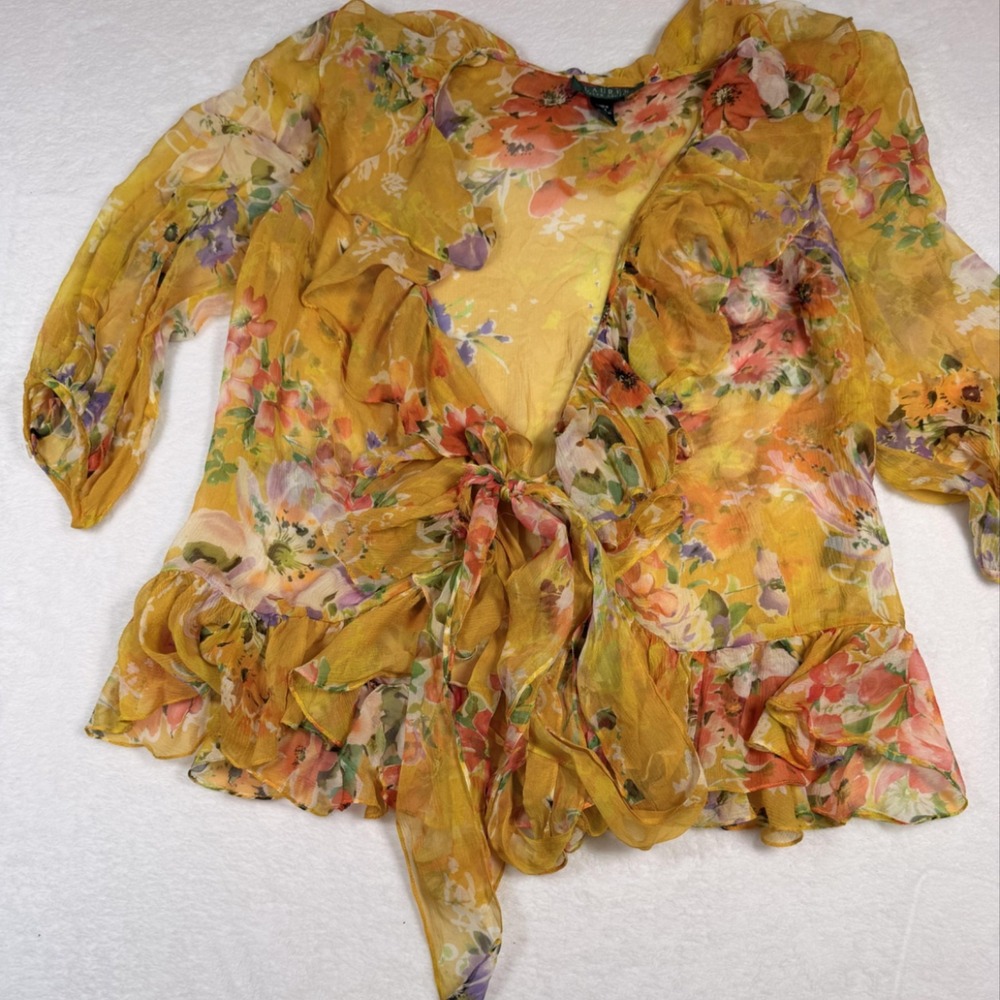 Lauren Ralph Lauren Blouse Womens Medium Yellow Floral Silk Ruffle Tie Tunic Top